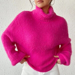 Hot Pink Casual Women's Turtleneck Drop Shoulder Fuzzy Sweater